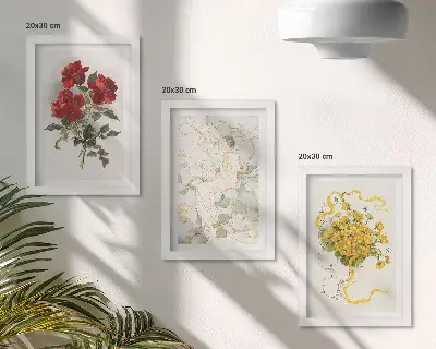 Photo frame wall with a display of red roses, a white figure, and yellow flowers in a vase