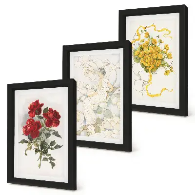 Photo frame wall with a display of red roses, a white figure, and yellow flowers in a vase