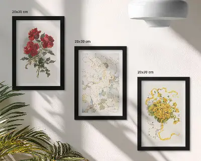 Photo frame wall with a display of red roses, a white figure, and yellow flowers in a vase