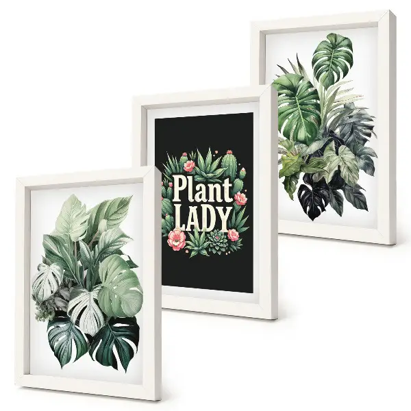 Tropical plants triptych framed with Plant Lady inscription in green