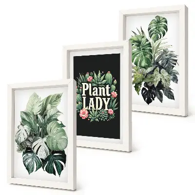Tropical plants triptych framed with Plant Lady inscription in green