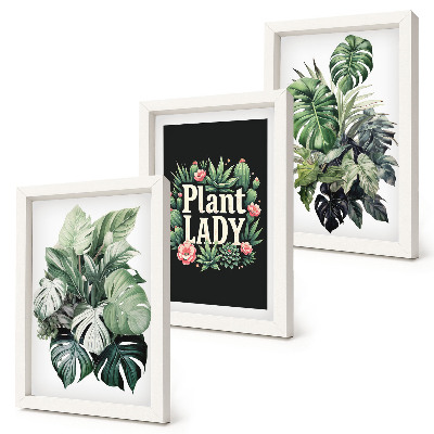 Framed triptych Tropical plants with the Plant Lady inscription in green