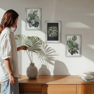 Tropical plants triptych framed with Plant Lady inscription in green