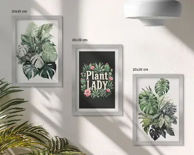Tropical plants triptych framed with Plant Lady inscription in green