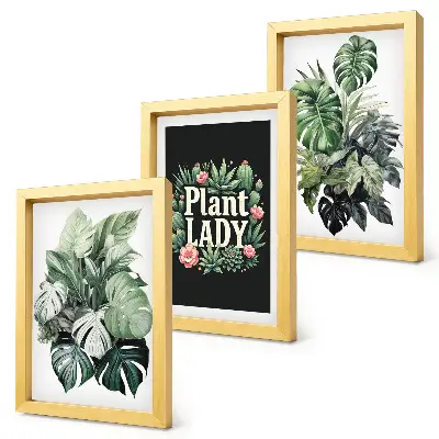 Tropical plants triptych framed with Plant Lady inscription in green