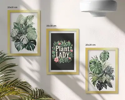 Tropical plants triptych framed with Plant Lady inscription in green