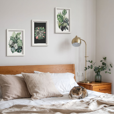 Framed triptych Tropical plants with the Plant Lady inscription in green