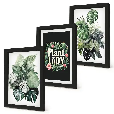 Tropical plants triptych framed with Plant Lady inscription in green