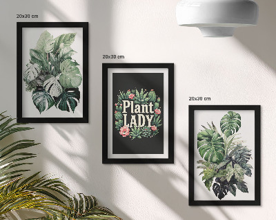 Framed triptych Tropical plants with the Plant Lady inscription in green