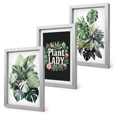 Framed triptych Tropical plants with the Plant Lady inscription in green