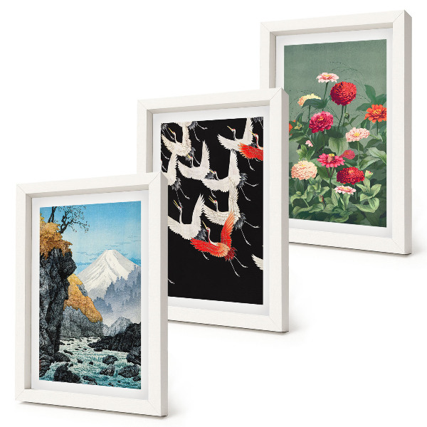 Photo frame wall Mountains with a waterfall, birds in flight and colorful flowers