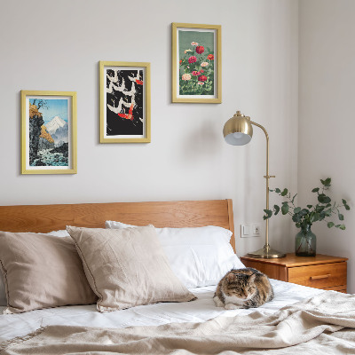 Photo frame wall Mountains with a waterfall, birds in flight and colorful flowers