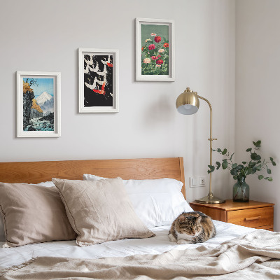 Photo frame wall Mountains with a waterfall, birds in flight and colorful flowers
