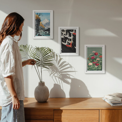 Photo frame wall Mountains with a waterfall, birds in flight and colorful flowers