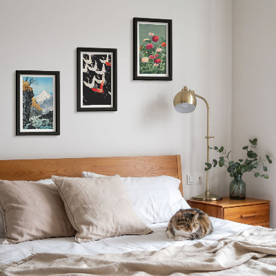 Photo frame wall Mountains with a waterfall, birds in flight and colorful flowers