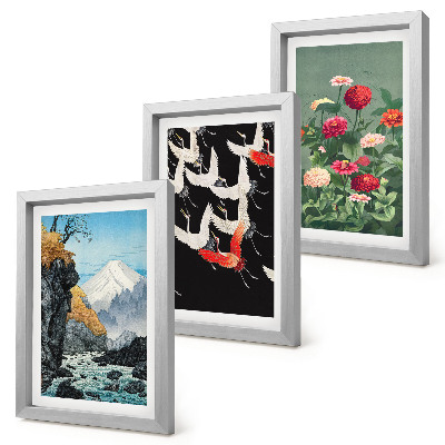 Photo frame wall Mountains with a waterfall, birds in flight and colorful flowers