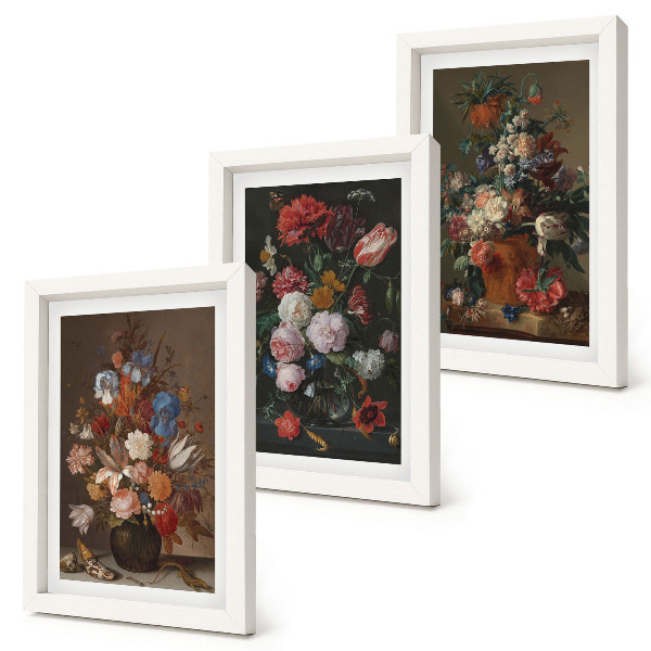 Framed triptych Flowers in vases, various vintage plant compositions