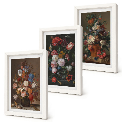 Framed triptych Flowers in vases, various vintage plant compositions