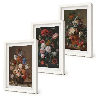 Flowers in vases triptych various vintage plant compositions in a framed set