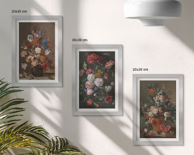Framed triptych Flowers in vases, various vintage plant compositions
