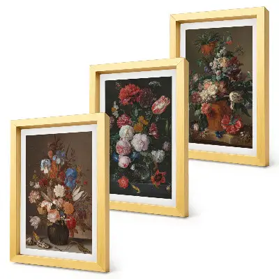 Flowers in vases triptych various vintage plant compositions in a framed set