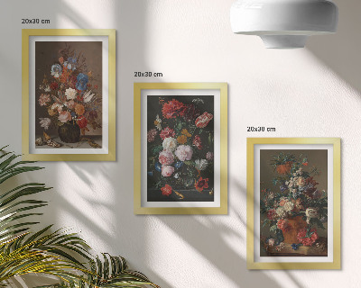 Framed triptych Flowers in vases, various vintage plant compositions