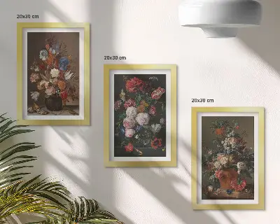 Flowers in vases triptych various vintage plant compositions in a framed set