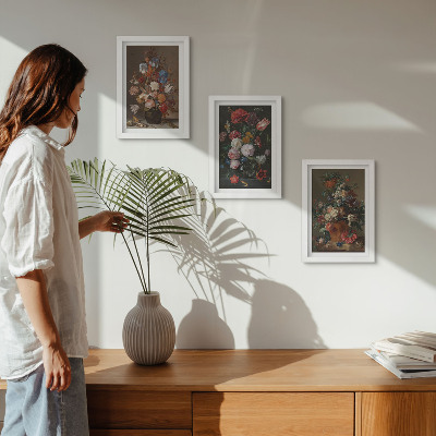 Framed triptych Flowers in vases, various vintage plant compositions