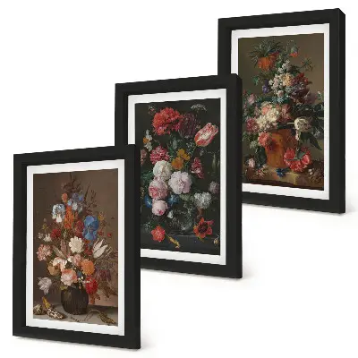 Flowers in vases triptych various vintage plant compositions in a framed set