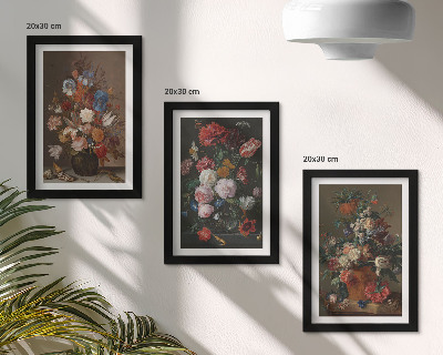 Framed triptych Flowers in vases, various vintage plant compositions