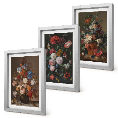 Framed triptych Flowers in vases, various vintage plant compositions