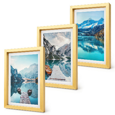 Framed triptych Mountain lakes with boats and reflections in the water