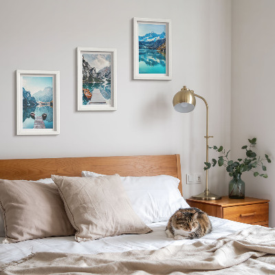 Framed triptych Mountain lakes with boats and reflections in the water