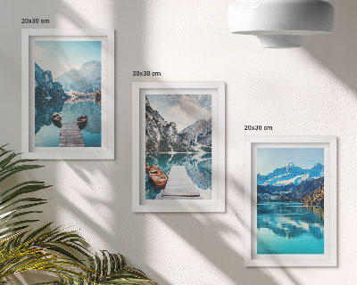 Framed triptych Mountain lakes with boats and reflections in the water