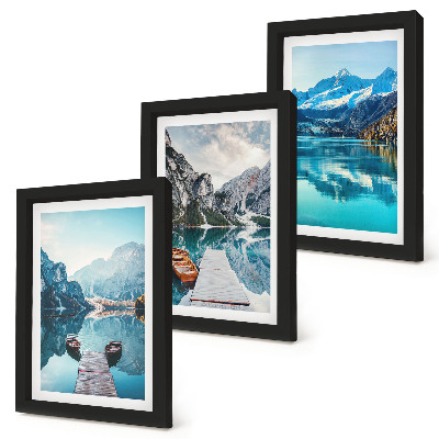Framed triptych Mountain lakes with boats and reflections in the water