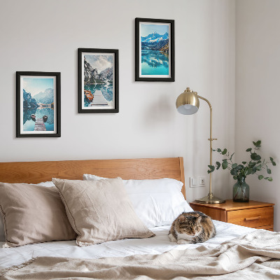 Framed triptych Mountain lakes with boats and reflections in the water
