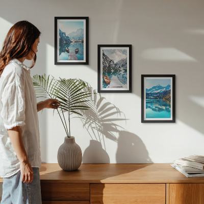 Framed triptych Mountain lakes with boats and reflections in the water