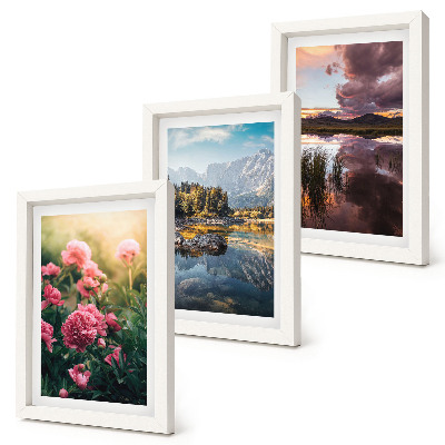 Photo frame wall Flowers in the garden, mountains and a calm surface of water