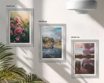 Photo frame wall featuring flowers in a garden, mountains, and a calm water surface