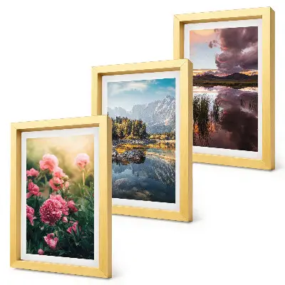 Photo frame wall featuring flowers in a garden, mountains, and a calm water surface