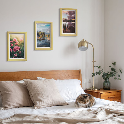 Photo frame wall Flowers in the garden, mountains and a calm surface of water