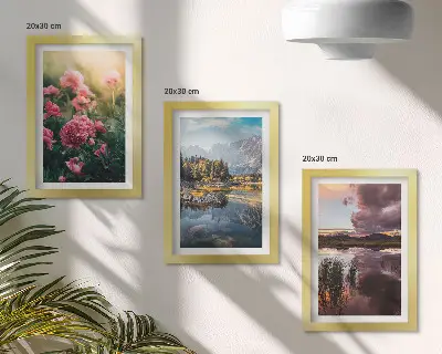 Photo frame wall featuring flowers in a garden, mountains, and a calm water surface