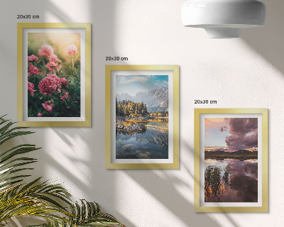 Photo frame wall Flowers in the garden, mountains and a calm surface of water