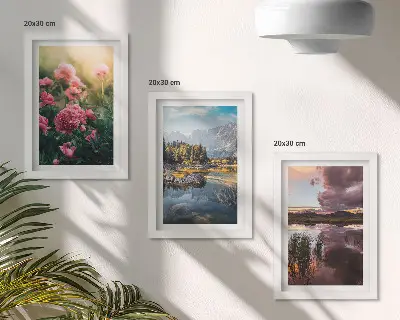 Photo frame wall featuring flowers in a garden, mountains, and a calm water surface