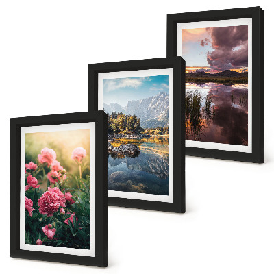 Photo frame wall Flowers in the garden, mountains and a calm surface of water