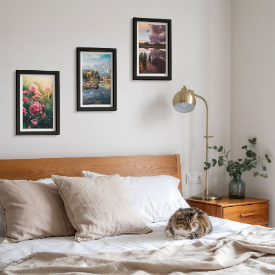 Photo frame wall Flowers in the garden, mountains and a calm surface of water