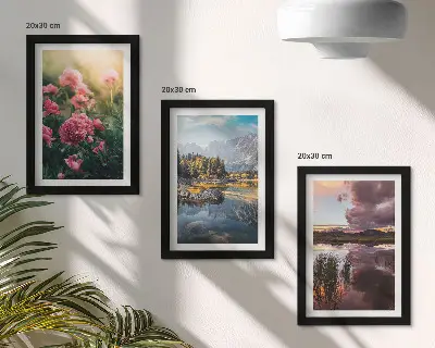 Photo frame wall featuring flowers in a garden, mountains, and a calm water surface