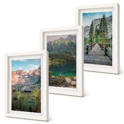 Framed triptych Mountain landscapes with a lake and a wooden pier