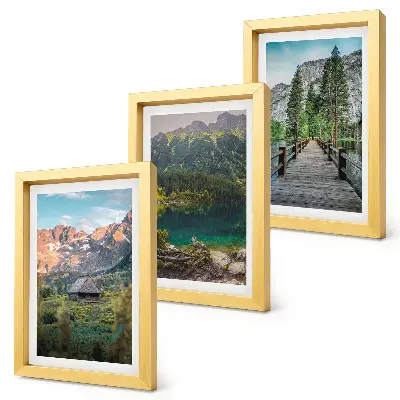 Mountain landscapes with a lake and a wooden pier framed triptych