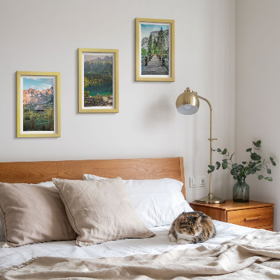Framed triptych Mountain landscapes with a lake and a wooden pier